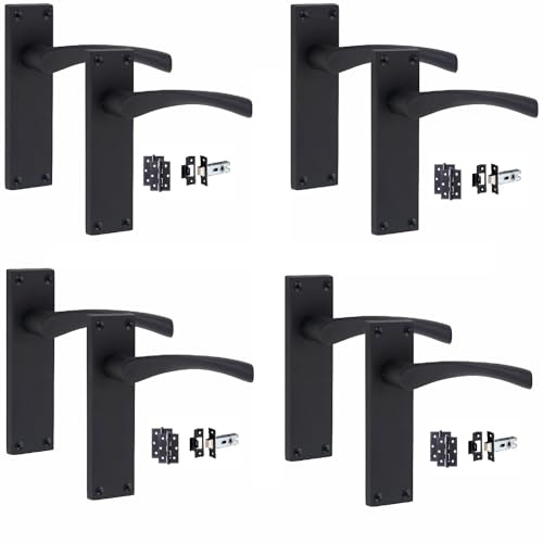Golden Grace Victorian Scroll Astrid Latch Handles, Matt Black, 4 Sets | Supplied with a pair of 3 ball bearing hinges and a 64mm tubular latch, ideal for internal wooden doors of all types.