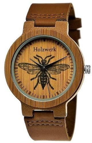 Holzwerk Germany Handgefertigte Designer Damen-Uhr Herren-Uhr Öko Natur Holz-Uhr Leder Armband-Uhr Save The Bees Analog Klassisch Quarz-Uhr Braun mit Bienen Bienchen Bee Natur Motiv Limitiert