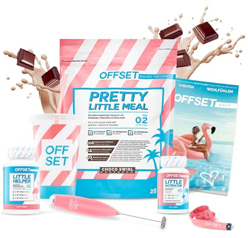 OFFSET Nutrition Abnehm Set Choco [FÜR 14 TAGE] - inkl. ERNÄHRUNGSPLAN | Nur 250 KCAL pro Mahlzeit | Mit Abnehm Shake, Handmixer & Sättigungskapseln | Diät Shake Set | Mahlzeitersatz