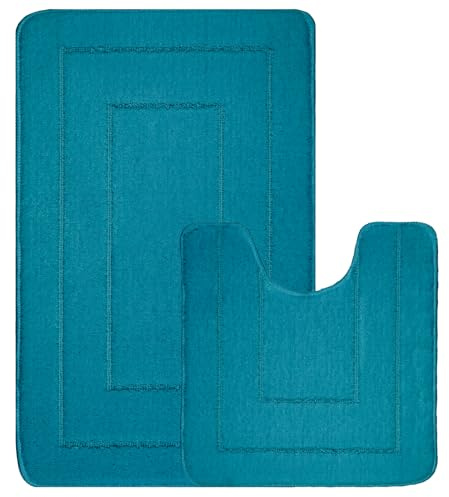 EDS 2 Piece Ichra Bath Mat Set Non Slip Ultra Soft Bathroom Mats Extra Absorbent 100% Polypropylene Toilet Mat Set Washable Toilet Rug Bathroom Accessory (TEAL)