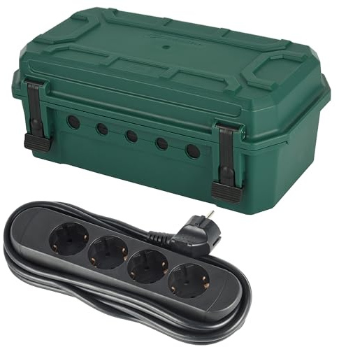 Electraline 92433 wasserdichte Schutzbox für den Außenbereich wetterfest IP54 mit mitgelieferter 4-Fach Steckdosenleiste 3M, mit 5 Kabelausgängen (von 7,5 mm bis 12,4 mm), Abmessung 390x228x138 mm