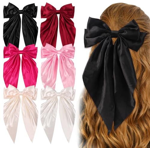 Vellibring 6PCS Big Hair Bows Clips for Woman Long Tail Soft Ribbon Silky Satin Bows Barrettes Hair Clips for Woman Hair Accessories (6 Color)