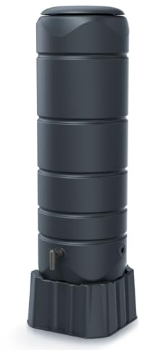 Regentonne rund Regenwassertank Standard rund Komplett-Set mit 110 Liter Volumen in der Farbe anthrazit ist aus UV- und witterungsbeständigem Material mit kindersicherem Deckel