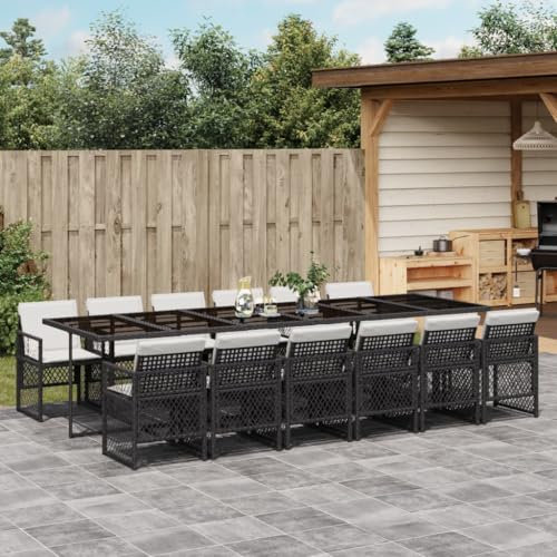 Somanki 13-TLG. Garten-Essgruppe mit Kissen Schwarz Poly Rattan, Esstisch Mit Stühlen Set, Gartenmöbel Sitzgruppe, Balkon Möbel, Gartenlounge Set, Terrassenmöbel, Balkonmöbel Set - 3210762