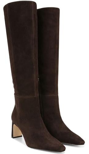 Burgundy Knee High Boots for Women Square Toe Chunky Heeled Wide Calf Boots Fall Dress Elastic Tall Boots with Zipper, Chocolate-brown, 6 UK