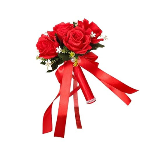 UALXPAO Brautstrauß Braut Blumenstrauß Hochzeit liefert künstliche Seide Rose Pfingstrose Blume Hochzeit Bouquet Orchidee Blumensträuße(Red)