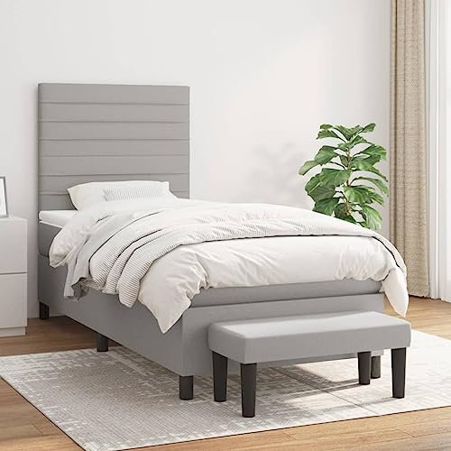 OHOOWOO Boxspringbett mit Matratze Hellgrau 90x190 cm Stoff,Komfortables Boxspringbett mit verstellbarem Kopfteil und hochwertiger Taschenfederkernmatratze in dezentem Hellgrau (190x90 cm)