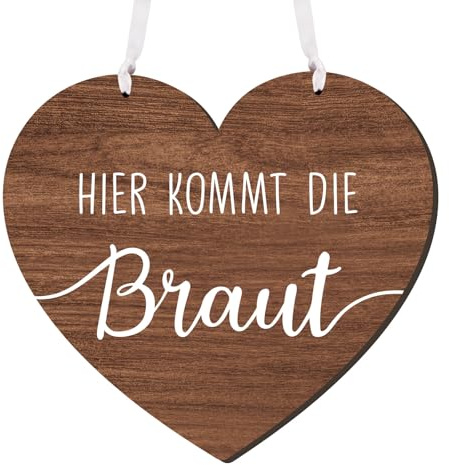 MEJOSER Hochzeit Schild Holz 22cm Hochzeitsdeko Hier Kommt die Braut Herz Trauung Deko Hochzeitsschild für Blumenmädchen Blumenkinder Brautjungfer Stuhl Wand Braut Team Braut JGA