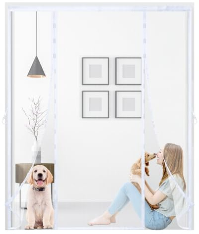 Magnetic Fly Screens Door,Double Door Screen Curtain, Anti Mosquito Mesh Fly Curtain,Powerful Magnets and Full Frame Magic Tape,Without Drilling for Sliding Door, Patio Door,170x200cm,White