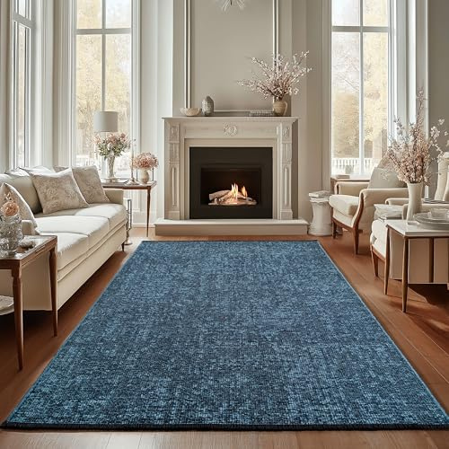 Carpettex, Chenille Teppich Baumwolle Läufer Blau 80x150 cm Waschbar, Boho-Stil, Kurzflor, Vintage Kelim, Weich & rutschfest, Einfarbig, Für Küche, Flur & Schlafzimmer