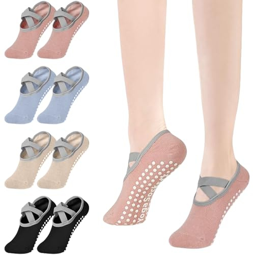 flintronic 4 Paires Chaussettes Yoga Antidérapantes Femme, Chaussettes Pilates en Coton, Antidérapantes avec Poignées, Chaussette Antidérapante Femmes pour Yoga Pilates Ballet