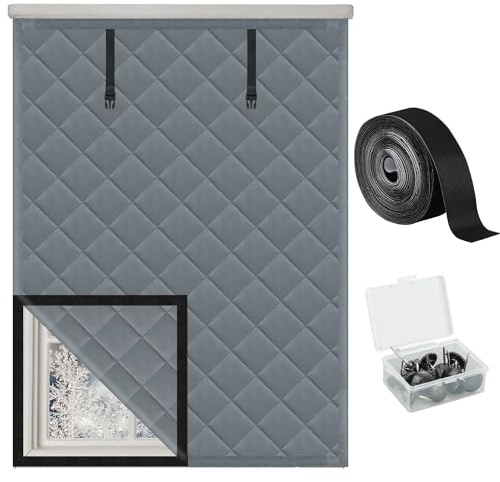 Winter Insulated Window Cover 47in x 63in Thermal Insulated Window Cover 3 Layer Oxford Cloth Cotton Windows Blanket Heavy Duty Windows Insulation Kit for Winter to Keep Warm, Gray