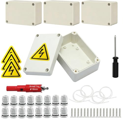 4 stycken kopplingsdosor, IP67 vit kopplingsdosa vattentät, 100 x 68 x 50 mm ytmonterad fördelningsdosa, hölje elektronik med 16 kabelskruvar, säkerhetsskyltar, hålsåg 16 mm, skruvmejsel