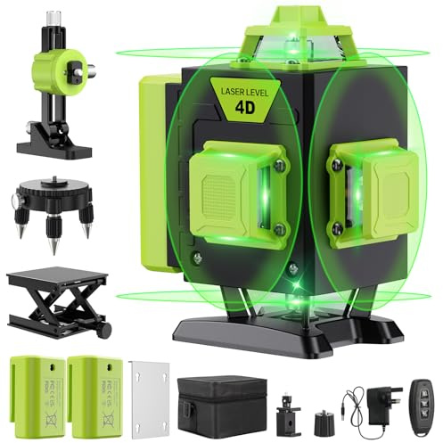 Niveau Laser Chantier Autonivelant 360° x 4, Lazer Niveaux 4D 16 Lignes Laser, Autonivellement et Mode Pulsé Extérieur, 2 x Batterie, Nivellement Automatique, Support Rotatif, Télécommande (ZH03)
