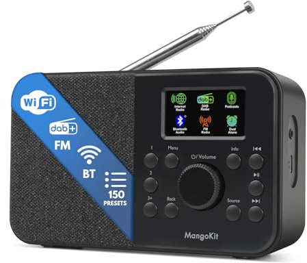 MangoKit SR-L Radio Internet WiFi avec Bluetoot 5.3, FM/Dab/Dab+ Radio,Podcasts,150 Préréglages, Radio Réveil, Radio de Cuisine avec écran Couleur, Prise Casque,Alimentation Secteur ou Batterie-Noir