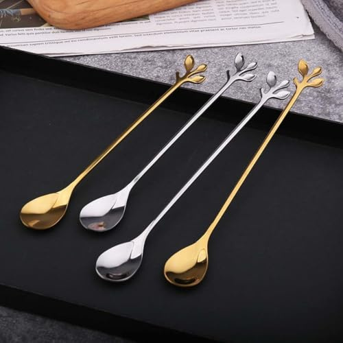 Filteilect Set di cucchiaini e forchette da caffè a forma di foglia, in acciaio inox, grazioso cucchiaio da dessert per mescolare zucchero, crema, cappuccino, espresso, piccolo antipasto (2#)