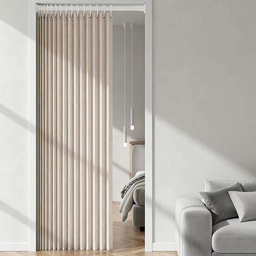 LUPATDY Cortina Exterior de Puerta Magnética con Barra Telescópica y Botón Magnético, Cortina Opacas Termica Aislante Frio y Calor, Cortinas Divisoria de Espacio para Sala, Cocina, Baño, Beige