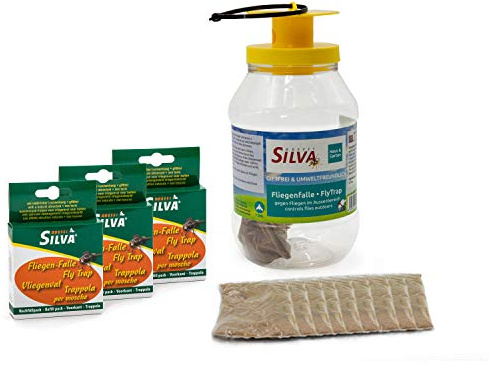 SILVA® 1x Fliegen Behälter + 9X Ersatzköder Fliegenfalle Lockstoff Set [NATÜRLICHER WIRKSTOFF] Fliegen Eimer Außenbereich Monitoring - Fliegenfalle Stall Koppel Garten Außen - Fliegenfänger Abwehr