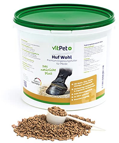 VitPet+ Huf Wohl – Spezial Mineralfutter Pferde – Mit Biotin, Zink, Kieselgur und Bierhefe – 4 kg – Zur Unterstützung des Hufwachstums – Inkl. Dosierlöffel