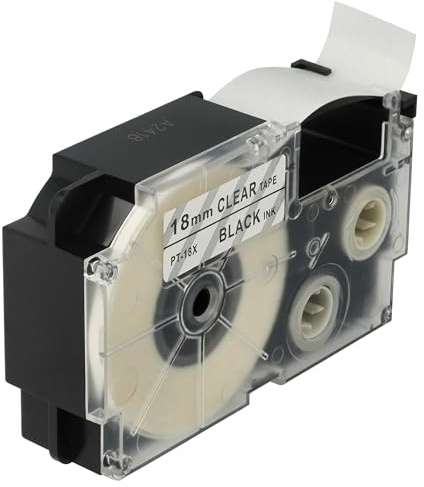 vhbw cinta de escritura compatible con Casio KL-C500, KL-8200, KL-8100, KL-820 impresora etiqueta 8m x 18 mm negro a transparente, pet+ RESIN