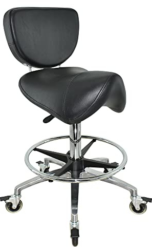 VAKON SALON - Premium Sattelhocker schwarz mit Bremse und Lehne, Sattelstuhl für Rückenentlastung, Rollhocker höhenverstellbar von 55-75 cm mit Fußring, Praxishocker, Bürohocker
