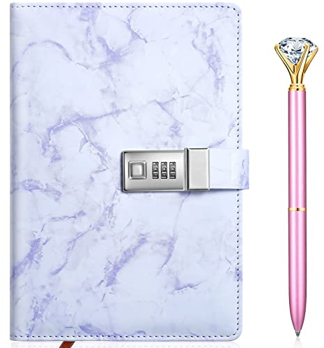 Zonon Diary with Lock for Girls Marble PU Leather A5 Journal Combination with Diamond Pen Back to School Gifts Lock Diary Planner Organizer for Men and Women(Purple,1 Pcs)