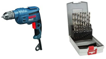 Bosch Professional 0601473600 GBM 10 RE Perceuse, 600 W, Bleu + 19 pièces Jeu de forets à métaux ProBox HSS-G (rectifié, accessoires de perceuse-visseuse et de support de perçage) Argent