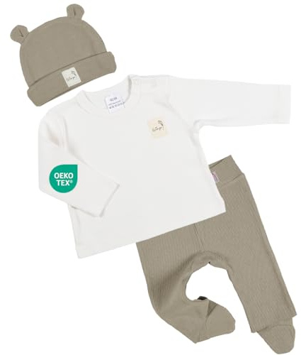 Clinotest Babystrampler Set – 3tlg Babykleidung für Mädchen & Jungen (0-6 Monate) – Mütze, Shirt, Hose – Weiche Baumwolle, elastischer Bund, atmungsaktiv – Perfekt für Neugeborene & Kleinkinder