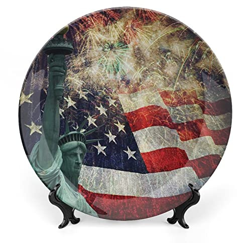 LIGUTARS Decorative Plates, American Flag Print Ornament, Fireworks 4th of July, 7 Inch, 1 Plate with 1 Display Stand, Multicolor