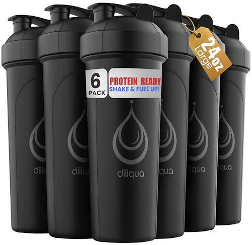 diliqua 6 PACK, Shaker Bottles with Wire Whisks for Protein Mixes | Leakproof Blender Shaker Bottle Pack | BPA-Free & Dishwasher Safe | 6 24 oz shaker bottles | Shaker Cups for shakes