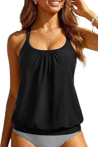 Yonique Blouson Tankini Tops for Women Swimwear Top Only Modest Tankini Tops Loose Fit Swim Tops No Bottom Black 01 L