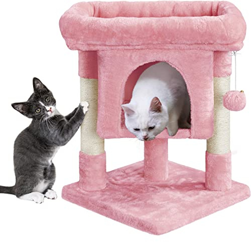 Yaheetech 59 cm Cat Tree for Indoor Cats with Scratching Posts, Pink | Cat Tower, Cosy Condo, Oversized Top Perch, Dangling Ball, 40.5 x 40.5cm Base, FSC-certified Wood, 2-Level