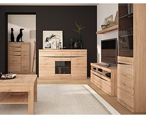 Lomadox Wohnzimmer Set mit Wohnwand Schrankwand Media Wand TV Lowboard Vitrine Wandboard Couchtisch 75x75 cm Sideboard Highboard in Eiche Nb.