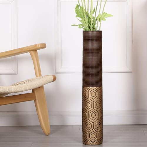 Leewadee Vaso Marrone Oro Decorativo Per Fiori O Pampas Da Interno Da Terra, Alto 65 cm, Resina