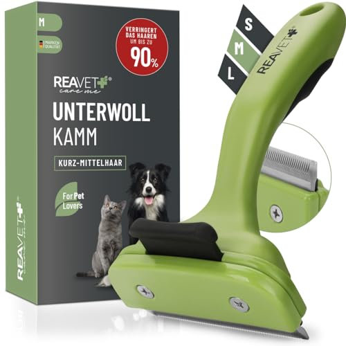 ReaVET Unterwollkamm für Hunde & Katzen Kurzhaar I Mittlere Rassen I Entfernt Unterwolle, Pflegt das Deckhaar I mit Selbstreinigungsknopf I Katzen-Kamm Hunde-Kamm ideal zum Fellwechsel