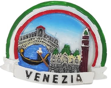 KUSTOM ART Imán de nevera 3D de resina Venezia San Marco Rialto en arco tricolor souvenir regalo casa cocina de colección 7,5 x 6 cm