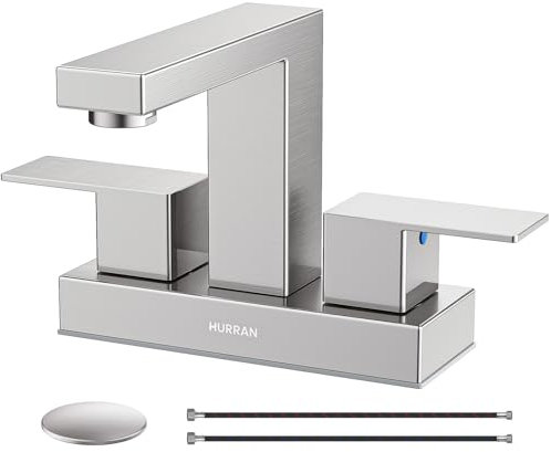 Bathroom Sink Faucet, Hurran 4 inch Brushed Nickel Bathroom Faucets for Sink 3 Hole with Pop-up Drain and Supply Lines, Stainless Steel 2-Handle Lead-Free Faucet for Vanity RV Restroom