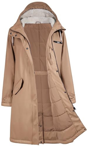 Regenmantel Damen Wasserdicht Regenjacke Winterjacke Damen Lang Wintermantel Warm Gefütterte Friesennerz Übergangsjacke Herbst Softshelljacke mit Kapuze Windbreaker Parka Winter,KHAKI,40