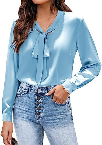 Zeagoo Chemisier en satin de soie pour femme - Col en V - Élégant - Avec nœud - Manches longues - Haut d'affaires - Tunique ample, bleu clair, S