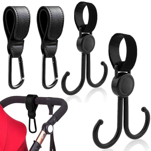 Ganchos Carrito Bebé, 4 Piezas de Gancho Para Colgar Cochecito, 2 Ganchos Dobles Y 2 Hebillas Colgantes Accesorios, Mantas Para Colgar Cartera Bolso, Universal, Negro para Viajes, Salidas, Cochecitos