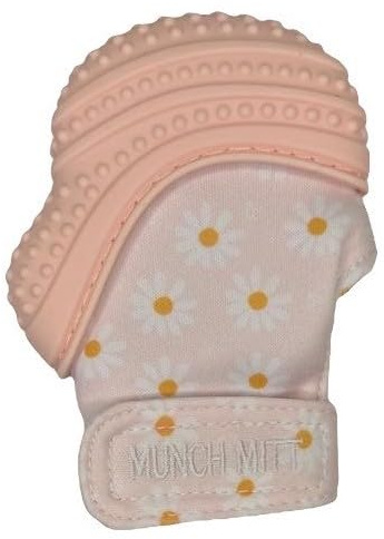 Malarkey Kids Baby Teething Mitten, Munch Mitt Baby Chew Toy - Protects Hands from Chewing & Saliva, Heals Aching Gums, Promotes Sound & Visual Stimulation for Babies Up to 1-Year-Old (Pink Daisies)