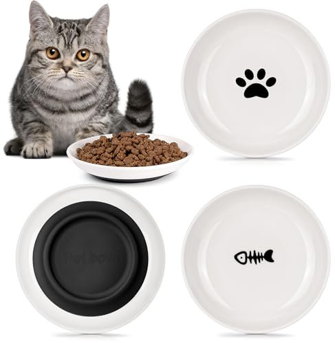 Zeawavsl Set di 3 Ciotole per Gatti in Ceramica Con Base in Gomma Antiscivolo, Piatte, Facili da Pulire - Ideali per Gli Amanti Dei Felini