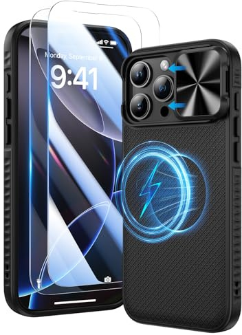 Doeshine for iPhone 16 Pro Case with 2 Pack Screen Protector and Slide Camera Cover, Military-Grade Drop Protection Rugged Hard PC Magnetic Shockproof Phone Case Cover for iPhone 16 Pro 2024 (Black)