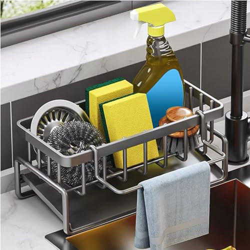 Multifunctional Kitchen Sink Storage Organiser, Black Stainless Steel Sponge Holder, Countertop Cleaning Rack with Removable Dish Cloth Hanger, Washing up Caddy for Kitchen Bathroom (Grey)