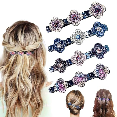 Glitzernde Kristall-Stein Geflochtene Haarspangen - Elegante Haarspangen mit Kristallblumen - Strass-Haarspangen 3 Mini Clips - Funkelnde Haarspangen für Damen und Mädchen (Four-leaf clover)