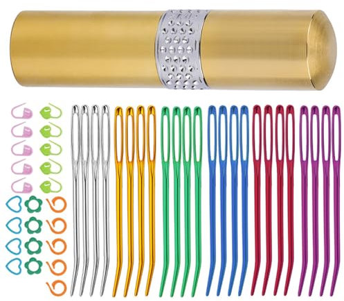 YIZITU 48-teiliges Set aus gebogenen Nadeln aus Edelstahl, großes Öhr, gebogene Tapisserie-Nadeln, Stichmarker für Anfänger, Stricken, Häkeln