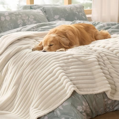 Bedsure ComfyFleece™ Waterproof Dog Blankets for Large Dogs - Soft Pet Cat Blanket Corduroy Fleece for Bed Protector Washable, Cozy Calming Reversible Furniture Protection,60x80, Cream