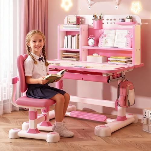 Juego de escritorio y silla ajustables para niños, juego de sillas de mesa de estudio para niños con separadores y cajones, escritorio de estudio escolar en casa con silla ergonómica, mesa y sillas