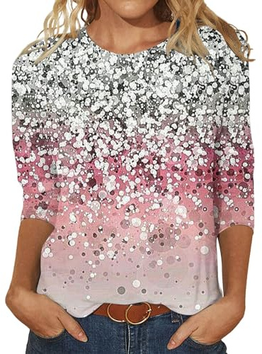 Dam Paljetter Paljetter Nyår Casual Skjorta Glitter Rund Hals Plus Size Elegant Glitter Cocktail Ceremoni Kurviga Toppar För Party Och Kväll Ärmar 3/4 T-shirt 2025, Ag, XXL