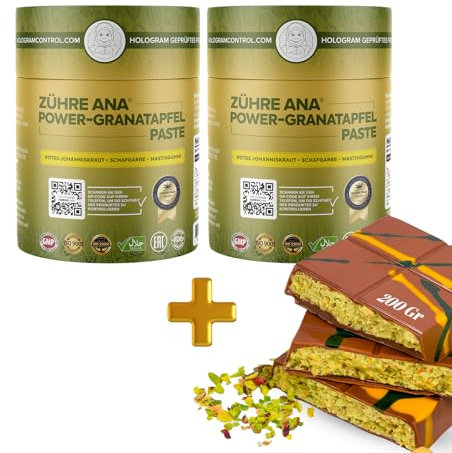 Zühre Ana Pasta de Granada (2x240g) - Ayuda natural para problemas estomacales, reflujo, gastritis e indigestión - Propiedades de acción rápida. 200 g de chocolate de Dubái como regalo.